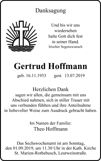 Traueranzeige von Gertrud Hoffmann von Wochen-Anzeiger Oberhausen