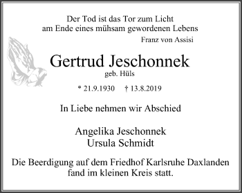 Traueranzeige von Gertrud Jeschonnek von Mülheimer Woche