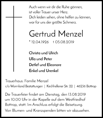Traueranzeige von Gertrud Menzel von Stadtspiegel Bottrop