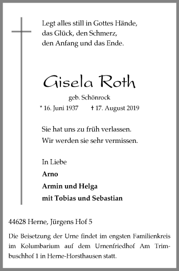 Traueranzeige von Gisela Roth von Wochenblatt Herne/Wanne-Eickel