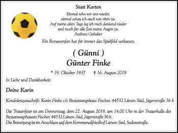 Traueranzeige von Günter Finke von Lüner Anzeiger