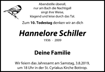 Traueranzeige von Hannelore Schiller von Stadtspiegel Bottrop