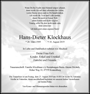 Traueranzeige von Hans-Dieter Klockhaus von Klever Wochenblatt