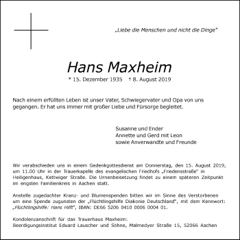 Traueranzeige von Hans Maxheim von Stadtanzeiger Velbert + Heiligenhaus