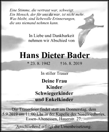 Traueranzeige von Hans Dieter Bader von Nord Anzeiger Essen