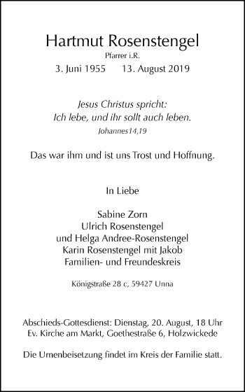 Traueranzeige von Hartmut Rosenstengel von Stadtspiegel Hattingen/Niedersprockhövel