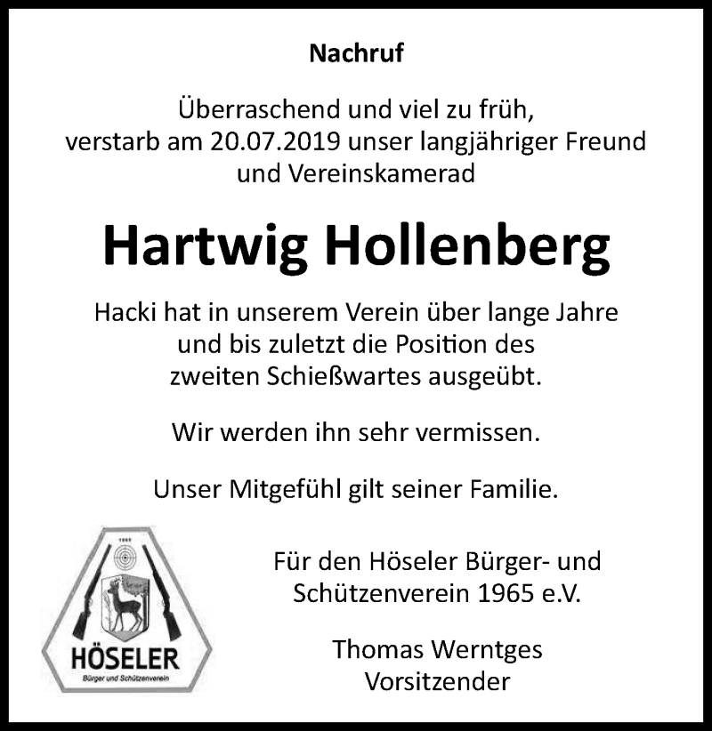  Traueranzeige für Hartwig Hollenberg vom 01.08.2019 aus WVW Anzeigenblätter