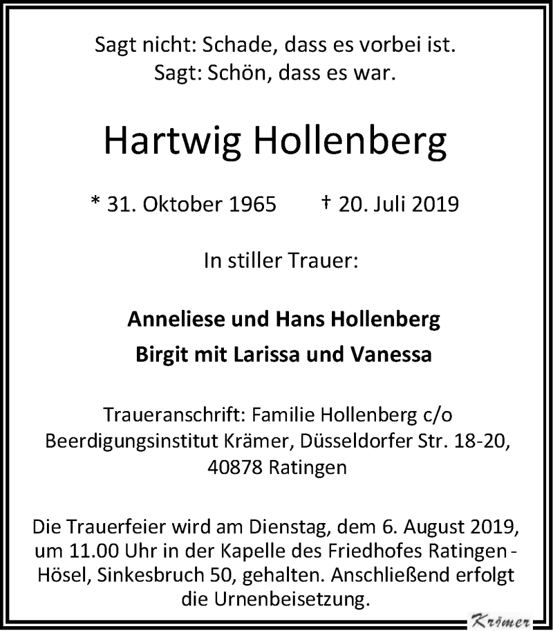  Traueranzeige für Hartwig Hollenberg vom 01.08.2019 aus WVW Anzeigenblätter