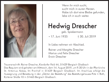 Traueranzeige von Hedwig Drescher von Stadtspiegel Menden + Froendenberg