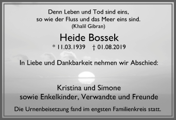 Traueranzeige von Heide Bossek von Stadtanzeiger Velbert + Heiligenhaus
