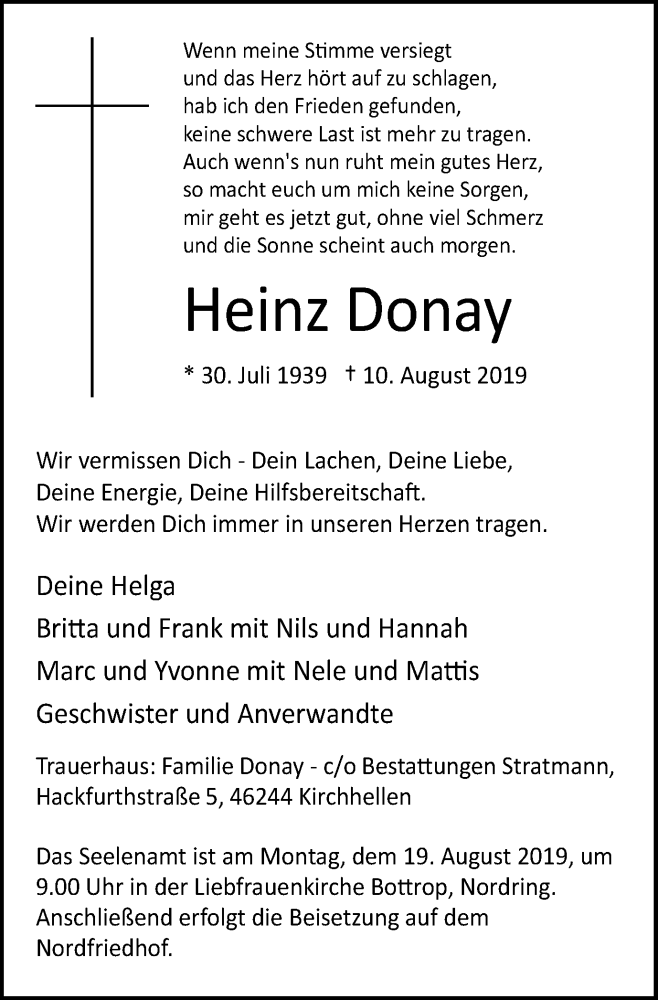  Traueranzeige für Heinz Donay vom 17.08.2019 aus Stadtspiegel Bottrop