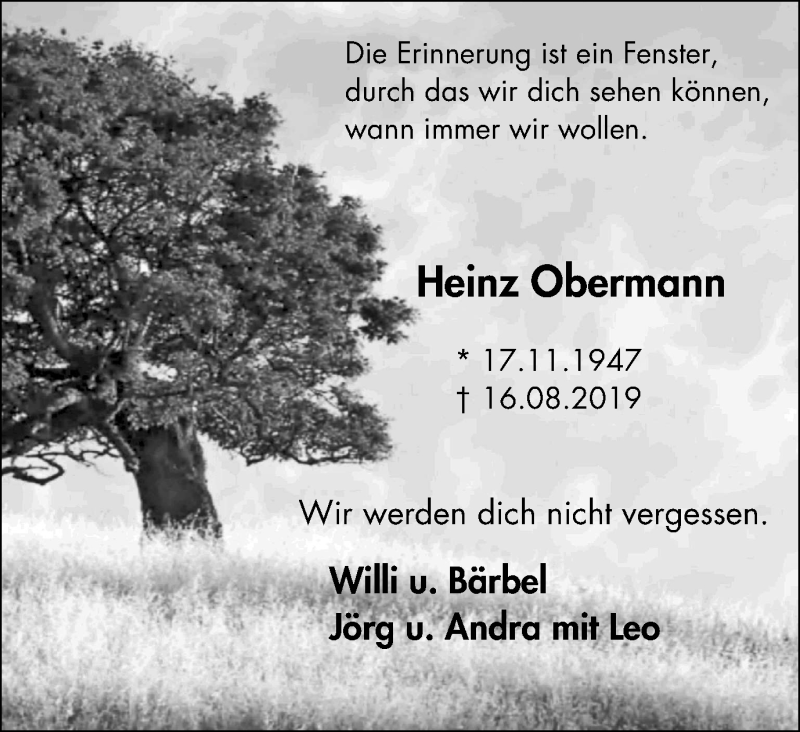  Traueranzeige für Heinz Obermann vom 24.08.2019 aus Mülheimer Woche