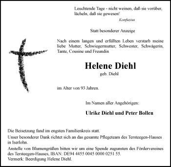 Traueranzeige von Helene Diehl von Stadtspiegel Iserlohn + Hemer