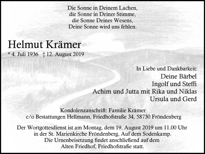  Traueranzeige für Helmut Krämer vom 17.08.2019 aus Stadtspiegel Menden + Froendenberg