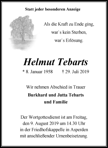 Traueranzeige von Helmut Tebarts von Gocher Wochenblatt