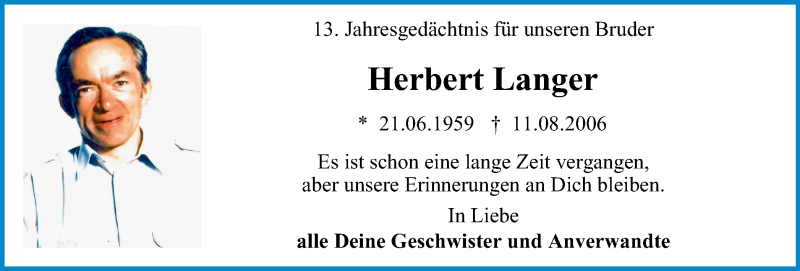  Traueranzeige für Herbert Langer vom 10.08.2019 aus Wochen-Anzeiger Oberhausen