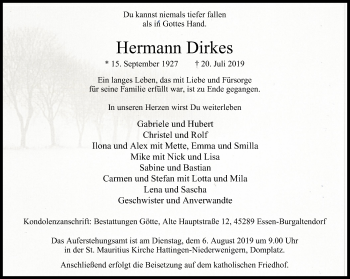 Traueranzeige von Hermann Dirkes von Ruhr Kurier