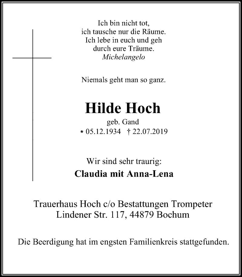  Traueranzeige für Hilde Hoch Hoch vom 03.08.2019 aus Stadtspiegel Hattingen/Niedersprockhövel