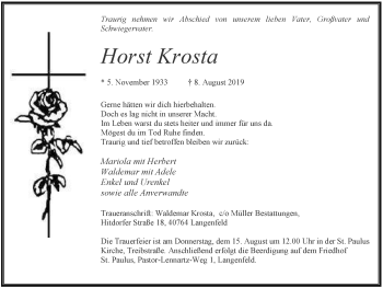 Traueranzeige von Horst Krosta von Wochen-Anzeiger Langenfeld/Monheim/Hilden