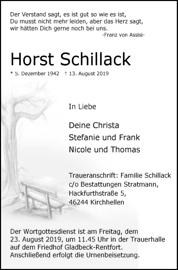 Traueranzeige von Horst Schillack von Stadtspiegel Gladbeck