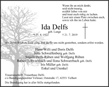 Traueranzeige von Ida Delfs von Stadtanzeiger Velbert + Heiligenhaus