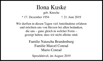 Traueranzeige von Ilona Kuske von Stadtspiegel Hattingen/Niedersprockhövel