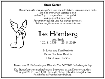 Traueranzeige von Ilse Hömberg von Stadtspiegel Menden + Froendenberg