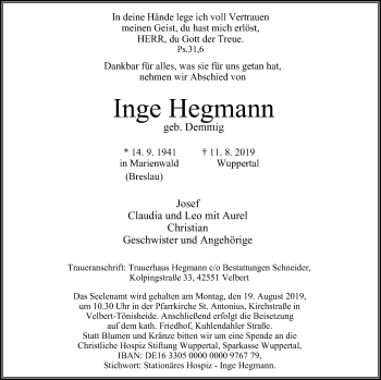 Traueranzeige von Inge Hegmann von Stadtanzeiger Velbert + Heiligenhaus