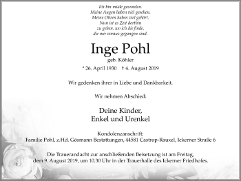 Traueranzeige von Inge Pohl von Stadtanz.Castrop-Rauxel