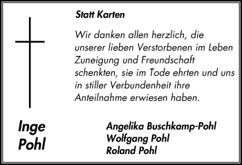 Traueranzeige von Inge Pohl von Stadtanz.Castrop-Rauxel