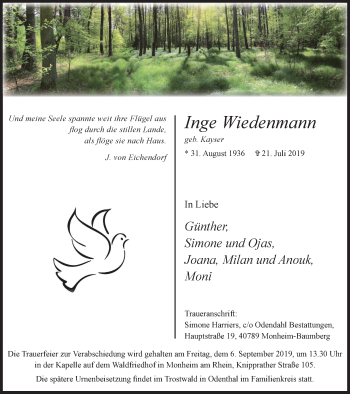 Traueranzeige von Inge Wiedenmann von Wochen-Anzeiger Langenfeld/Monheim/Hilden