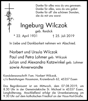 Traueranzeige von Ingeburg Wilczok von Borbeck Kurier