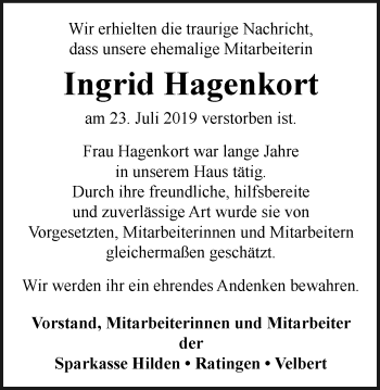 Traueranzeige von Ingrid Hagenkort von Stadtanzeiger Velbert + Heiligenhaus