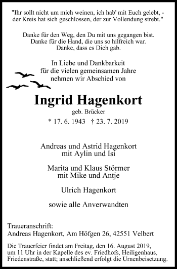 Traueranzeige von Ingrid Hagenkort von Stadtanzeiger Velbert + Heiligenhaus