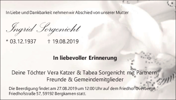 Traueranzeige von Ingrid Sorgenicht von Lüner Anzeiger