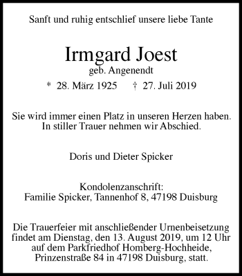 Traueranzeige von Irmgard Joest von Wochen-Anzeiger Duisburg