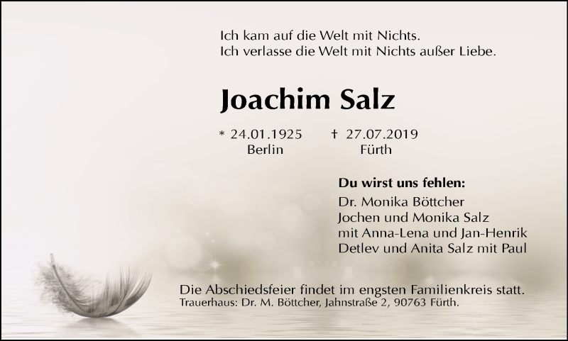  Traueranzeige für Joachim Salz vom 03.08.2019 aus Mülheimer Woche