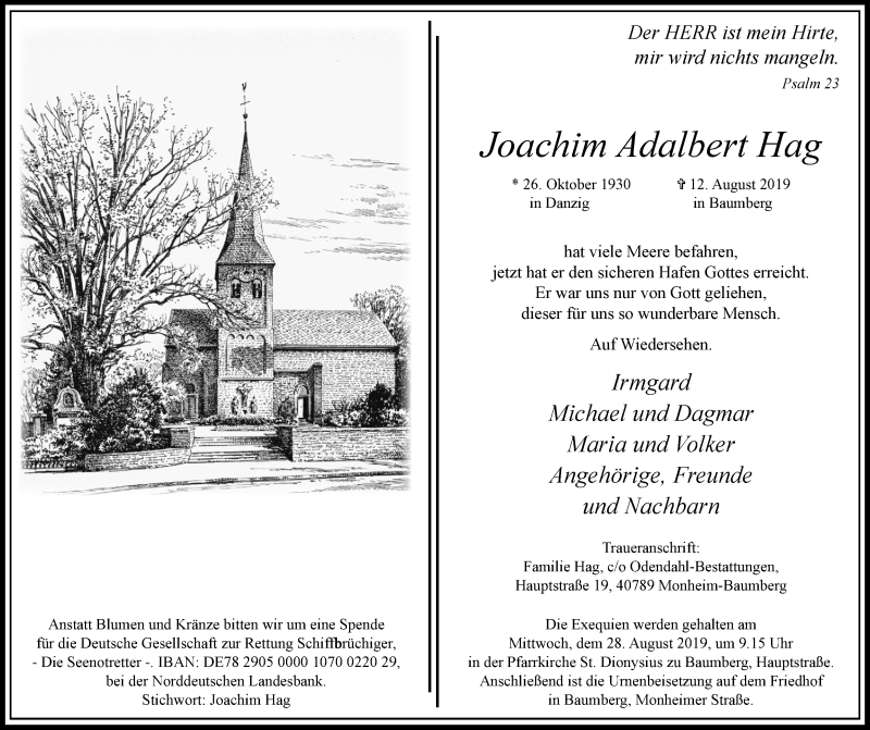  Traueranzeige für Joachim Adalbert Hag vom 24.08.2019 aus Wochen-Anzeiger Langenfeld/Monheim/Hilden