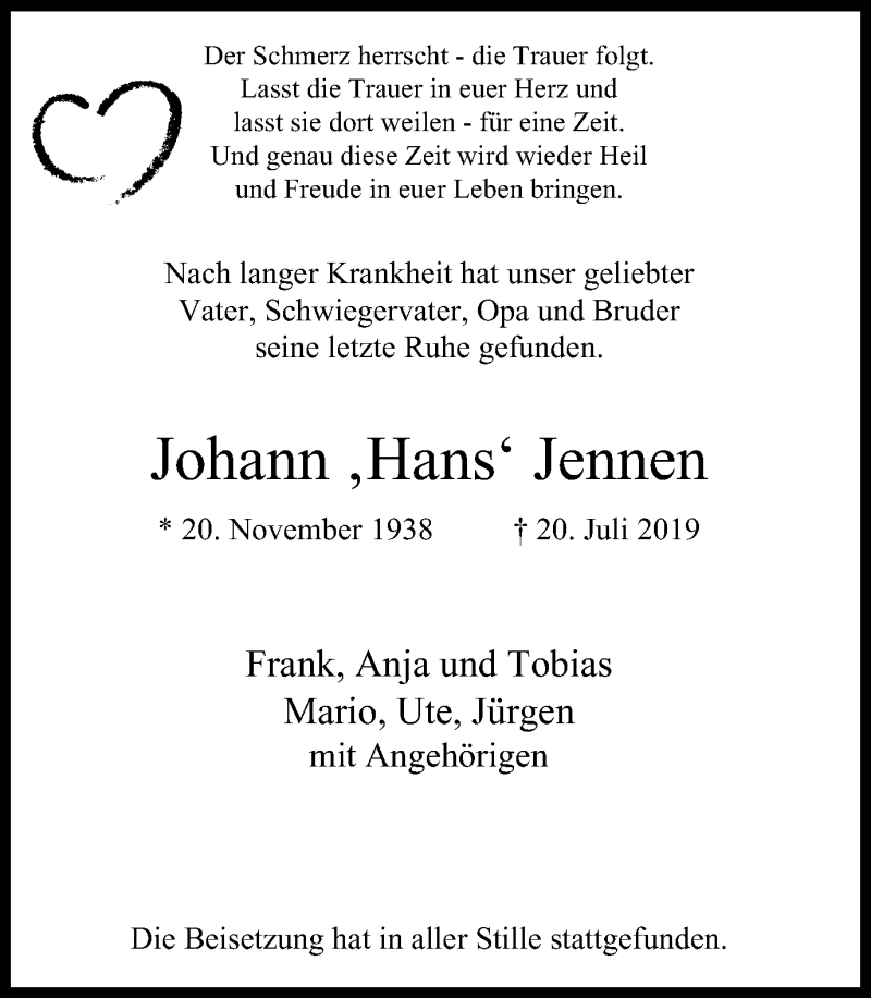  Traueranzeige für Johann Jennen vom 10.08.2019 aus Wochen-Anzeiger Duisburg