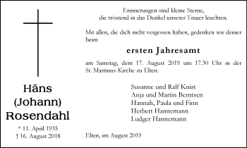 Traueranzeige von Johann Rosendahl von Stadtanzeiger Emmerich/Rees/Isselburg