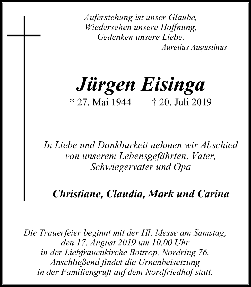  Traueranzeige für Jürgen Eisinga vom 10.08.2019 aus Stadtspiegel Bottrop