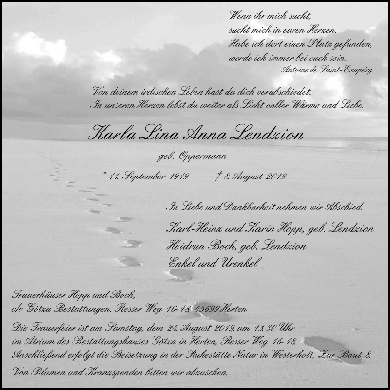  Traueranzeige für Karla Lina Anna Lendzion vom 17.08.2019 aus Stadtspiegel Gelsenkirchen