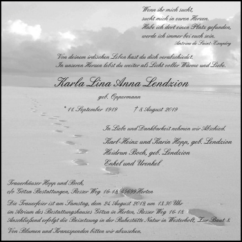 Traueranzeige von Karla Lina Anna Lendzion von Stadtspiegel Gelsenkirchen