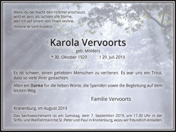 Traueranzeige von Karola Vervoorts von Klever Wochenblatt