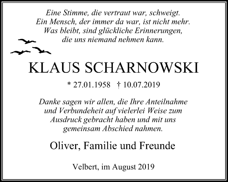  Traueranzeige für Klaus Scharnowski vom 24.08.2019 aus Stadtanzeiger Velbert + Heiligenhaus