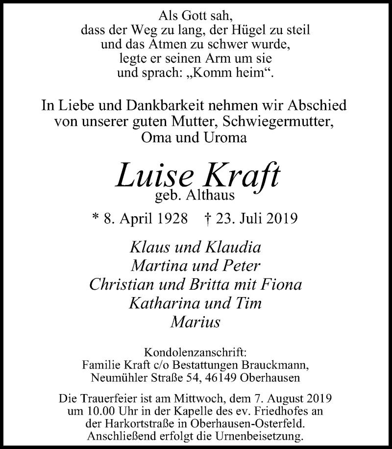  Traueranzeige für Luise Kraft vom 03.08.2019 aus Wochen-Anzeiger Oberhausen