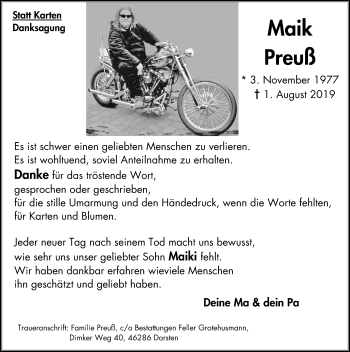 Traueranzeige von Maik Preuß von Stadtspiegel Gladbeck