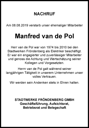 Traueranzeige von Manfred van de Pol von Stadtspiegel Menden + Froendenberg