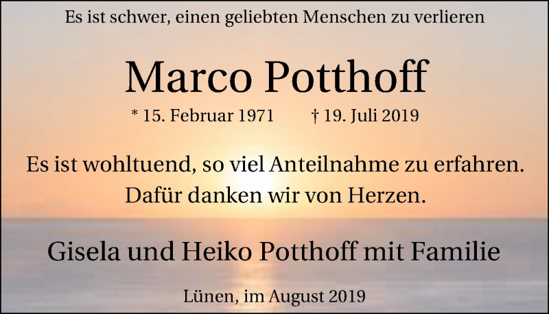  Traueranzeige für Marco Potthoff vom 17.08.2019 aus Lüner Anzeiger