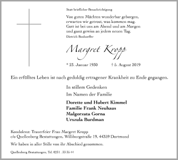 Traueranzeige von Margret Kropp von Stadtanz.Castrop-Rauxel